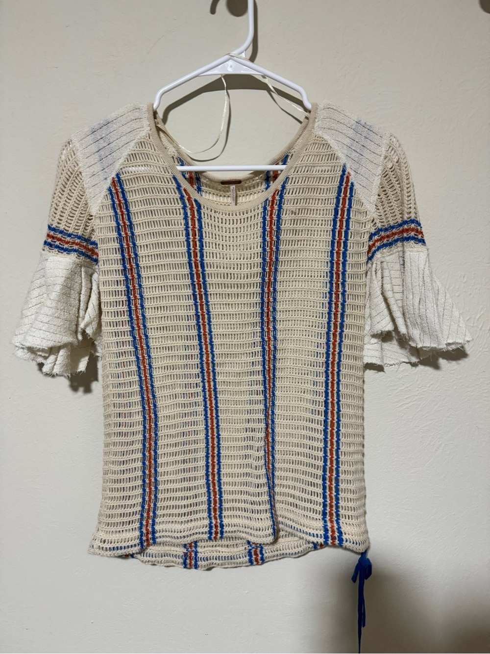 Free People Cream Crochet Short-Sleeve Top with Blue & Orange Stripes
